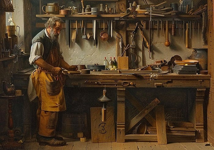 Painting made in classical style, a craftsman is standing in his workshop.