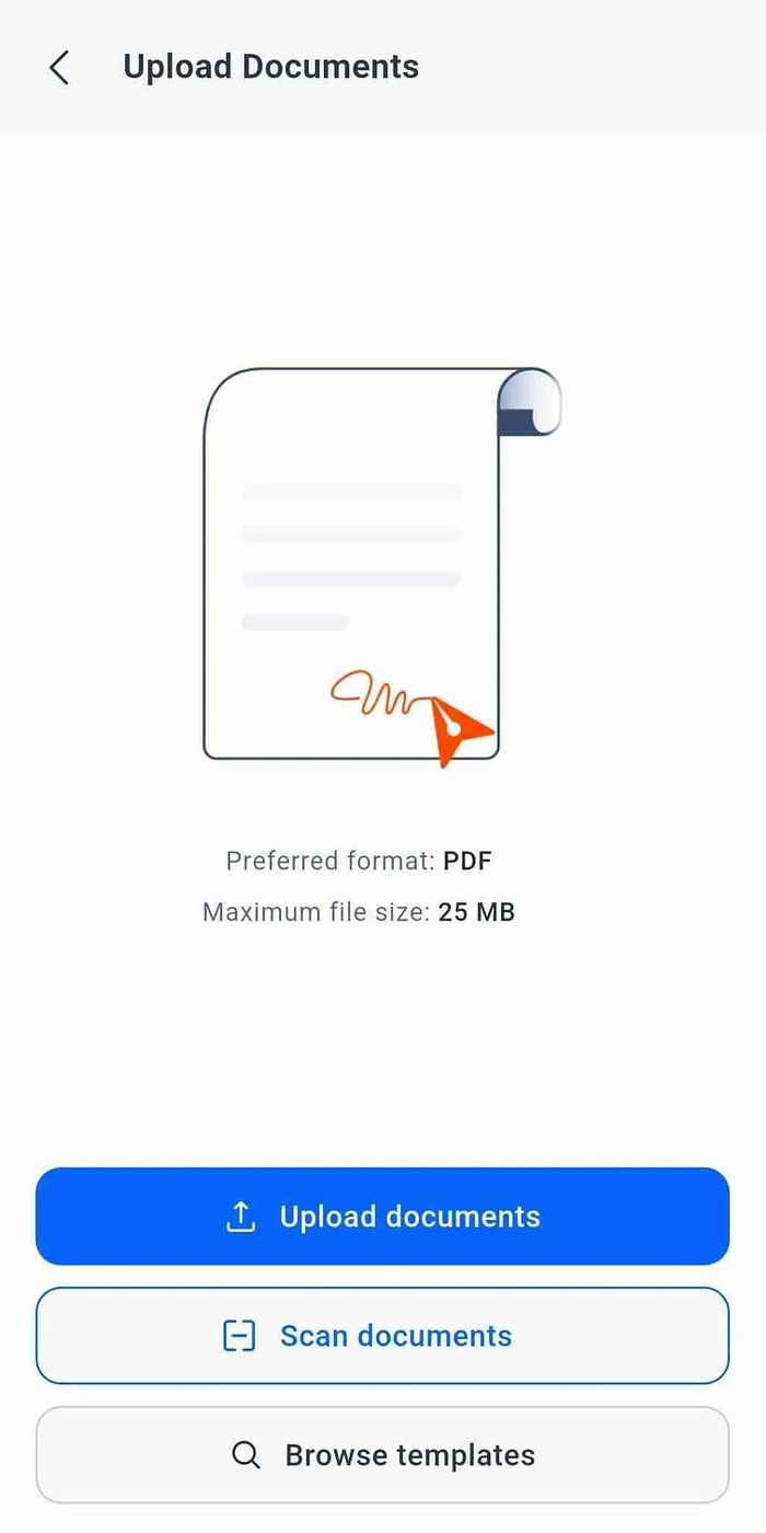 BoldSign mobile app file upload screen