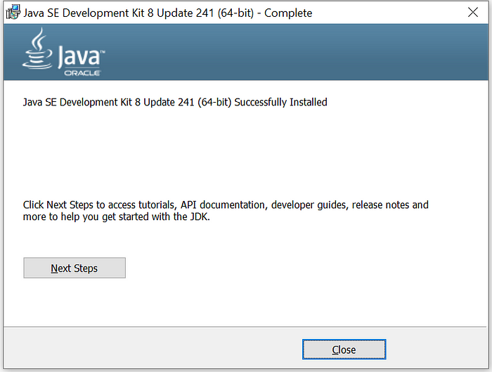 Java installation success message screenshot