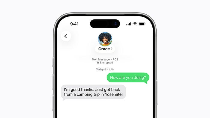 A screenshot of iPhone 17 Pro showing an end-to-end encrypted RCS chat conversation. The message ‘How are you doing?’ is visible.