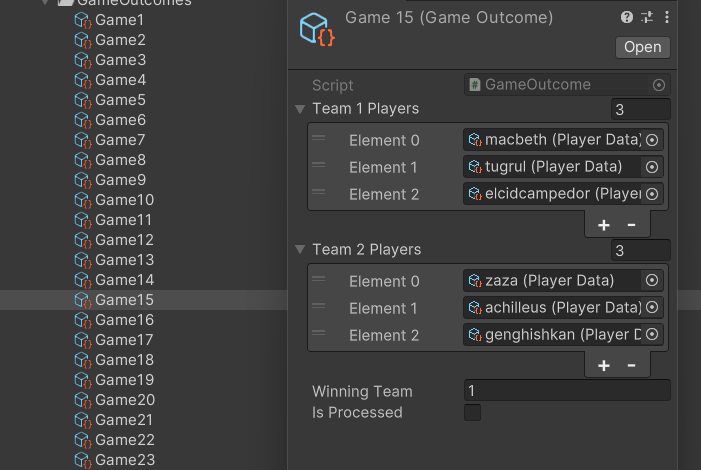 An example of game outcome data. It is collected from organic matches among our friends.