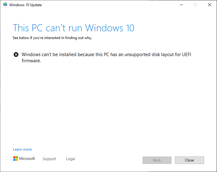 Windows can’t be installed because this PC has an unsupported disk