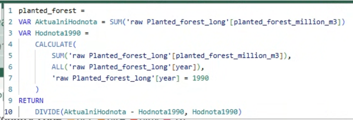 DAX measure v Power BI pro výpočet procentuální změny objemu sázených lesů oproti roku 1990. Stejný přístup byl použit pro všechny datasety, kde bylo potřeba vyjádřit relativní změnu místo absolutních hodnot.