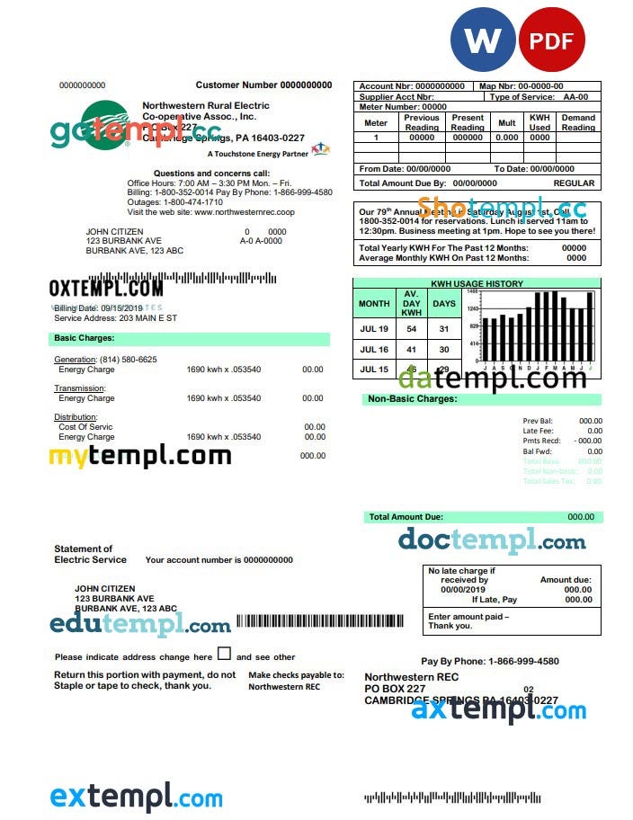 USA Northwestern Rural Electric utility bill template, fully editable ...