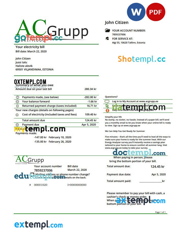 Estonia AC Grupp OÜ electricity utility bill template in Word and PDF ...