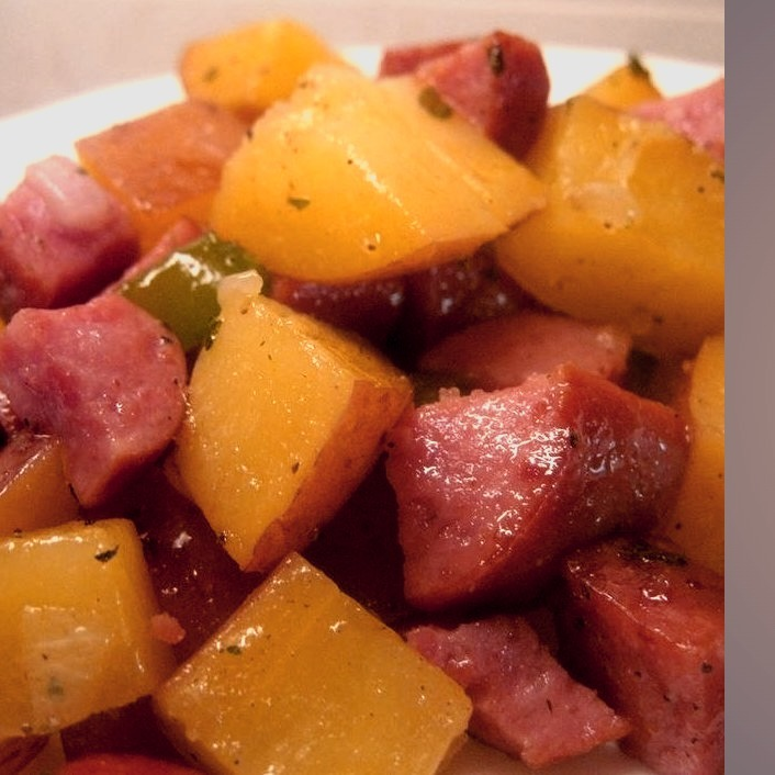 Kielbasa is cooked on the stovetop with potatoes and onion. This is an old recipe from my grandmother. ‘Good Polish-Slovak food!’ She would always say. ‘Eat more!’