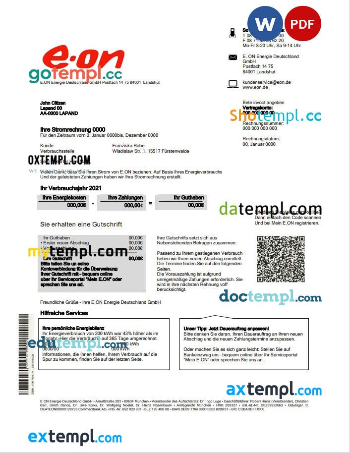 Germany E.ON Energie electricity utility bill template in Word and PDF