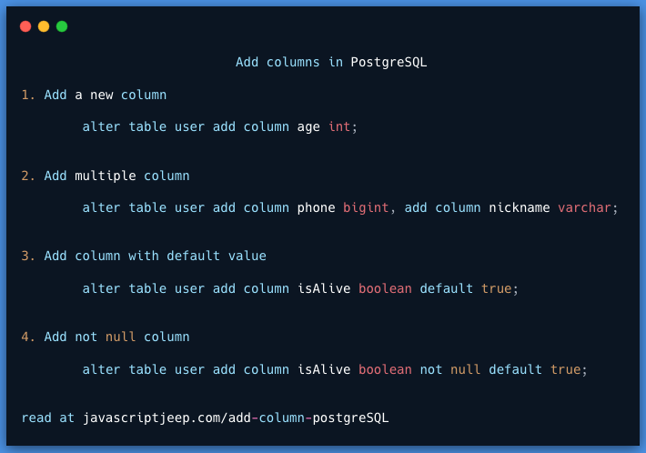 Add new columns to table in PostgreSQL | by Javascript Jeep🚙💨 |  JavaScript_Dots | Medium