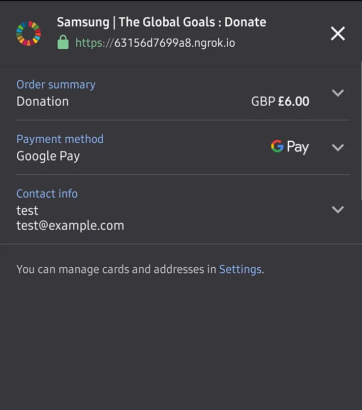 The payment API form generated on a mobile browser, the form fills up the screen