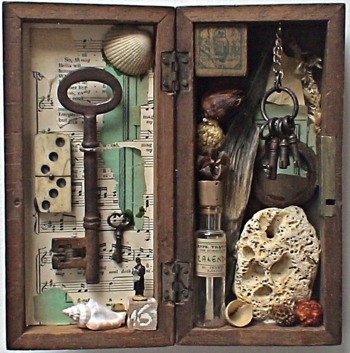 Tiny Mixed Media Worlds and Creatures Inside Antique Boxes by