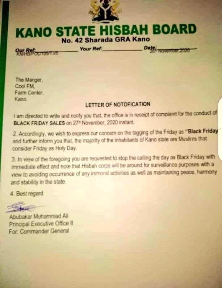 In Support of the Hisbah Notofication Letter to Cool FM Manger on Black ...