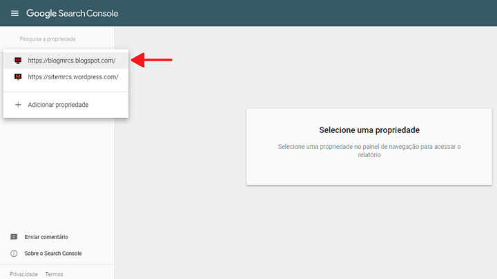 selecionando o site no search console