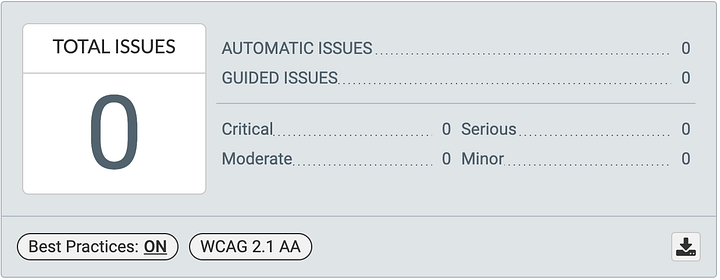 Axe Auditor results for Jupyter Notebook 7 from Quantstack blog post on Medium. The results count shows a total of 0 issues with a diagnosis of best practices and some, non specified WCAG 2.1 criteria