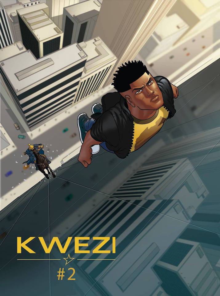 South African teen superhero, Kwezi flying up skyscraper in South Africa with a man on a horse in hot pursuit. Illustrated by Loyiso Mkize