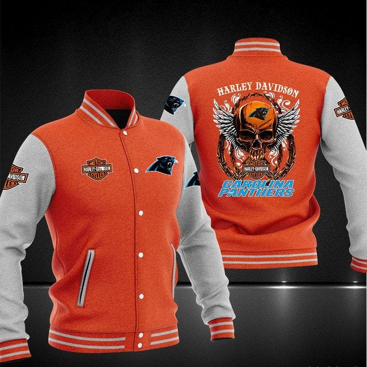 Men Bomber Jacket NFL Carolina Panthers Orange Skull Baseball Jacket V2 ...
