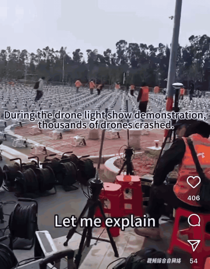 Drone jamming at a Chinese drone show. Social media.