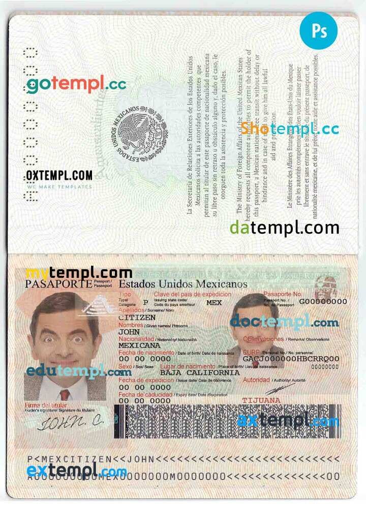 Mexican passport example in PSD format, fully editable by Intempl passports Medium