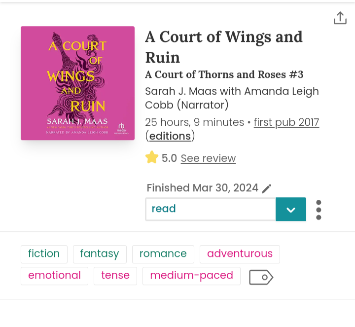 A Court of Wings and Ruin by Sarah J. Maas Book Review by Johnnysbookreviews
