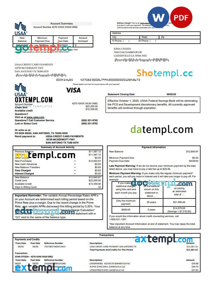 USA USAA bank Credit card statement template in Word and PDF format