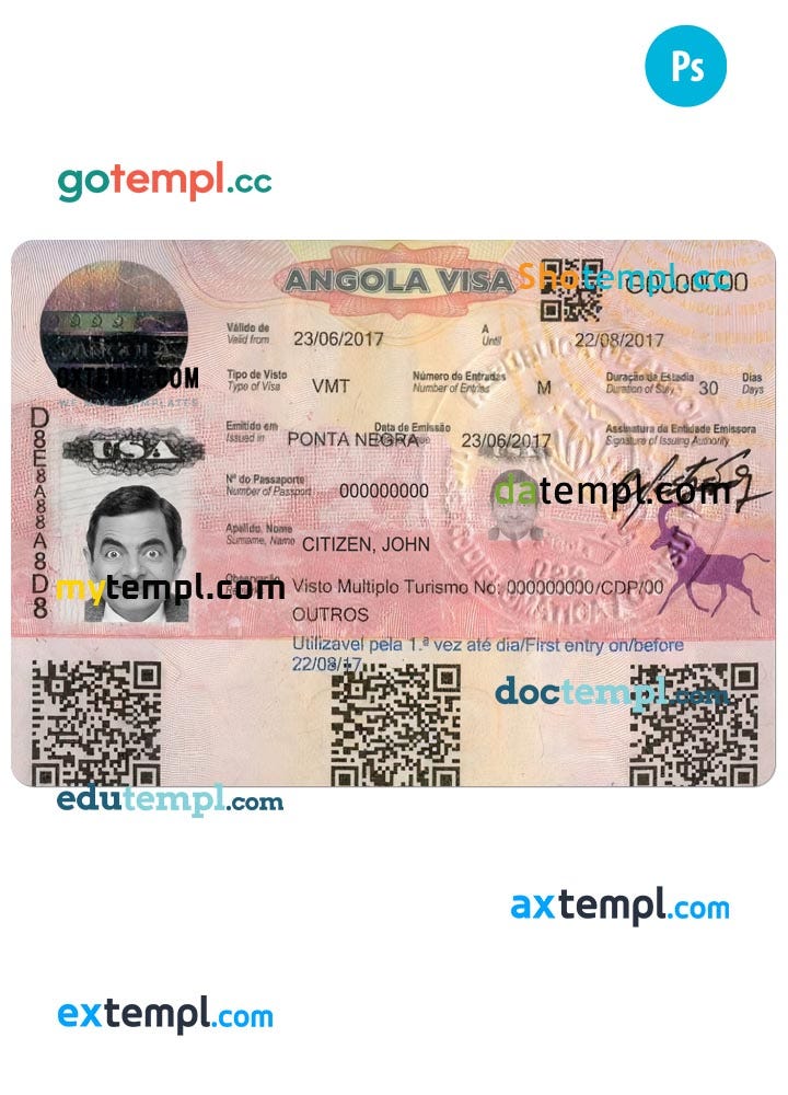 Angola Entry Visa Psd Template, Version 2 