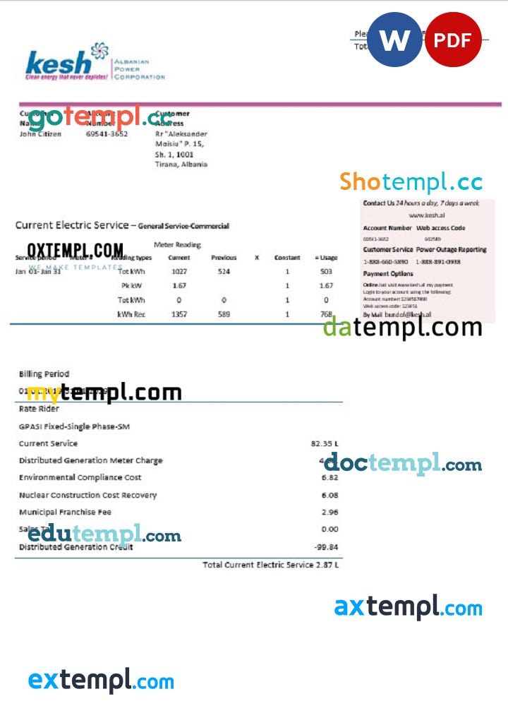 Albania Albanian Power Corporation utility bill template in Word and ...