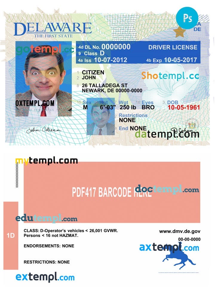 USA Delaware driving license template in PSD format, version 2 by