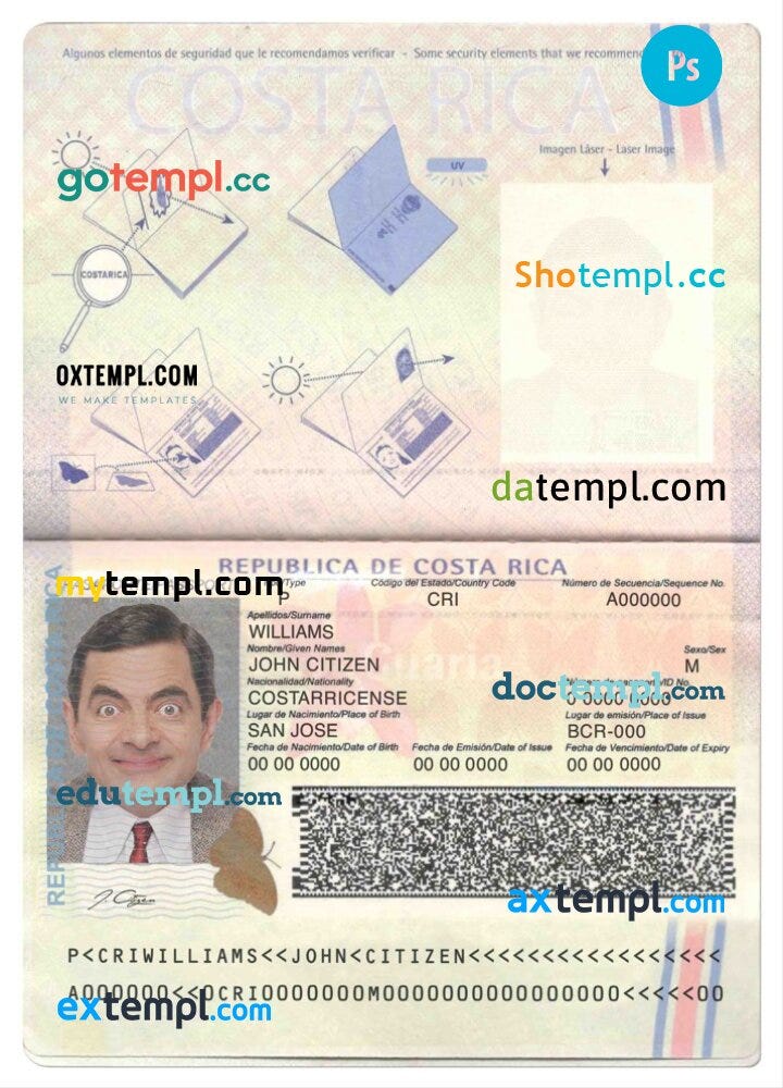 Costa Rica passport template in PSD format, fully editable by