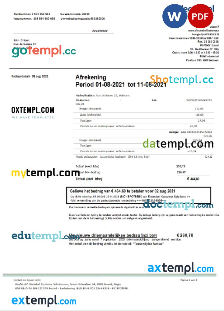 Belgium Electrabel utility bill, PDF and Word download template by In