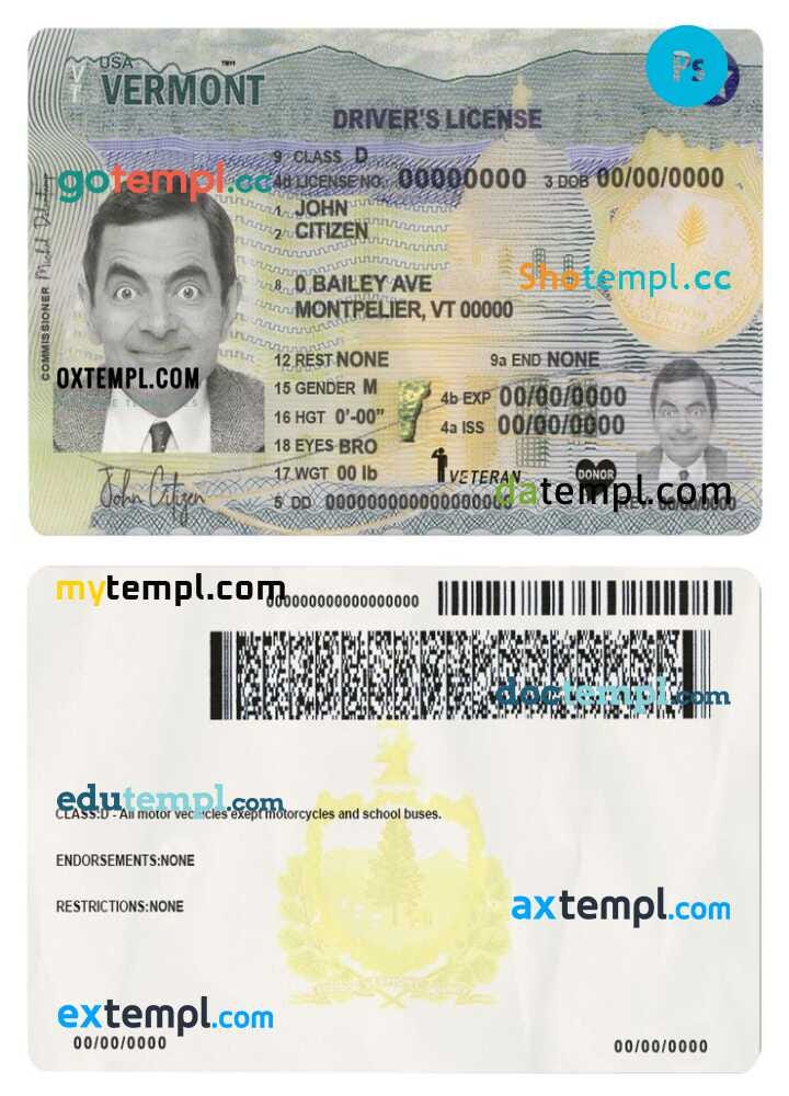 USA Vermont driving license template in PSD format (2019 — present