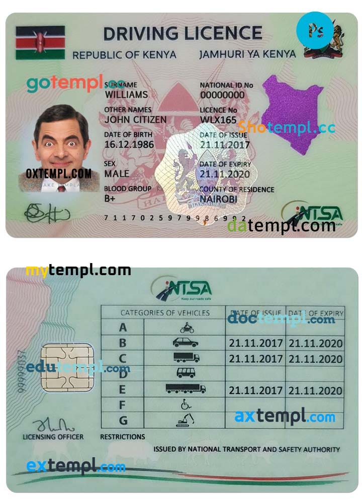 Kenya driving license PSD template, fully editable by Doctempl Medium