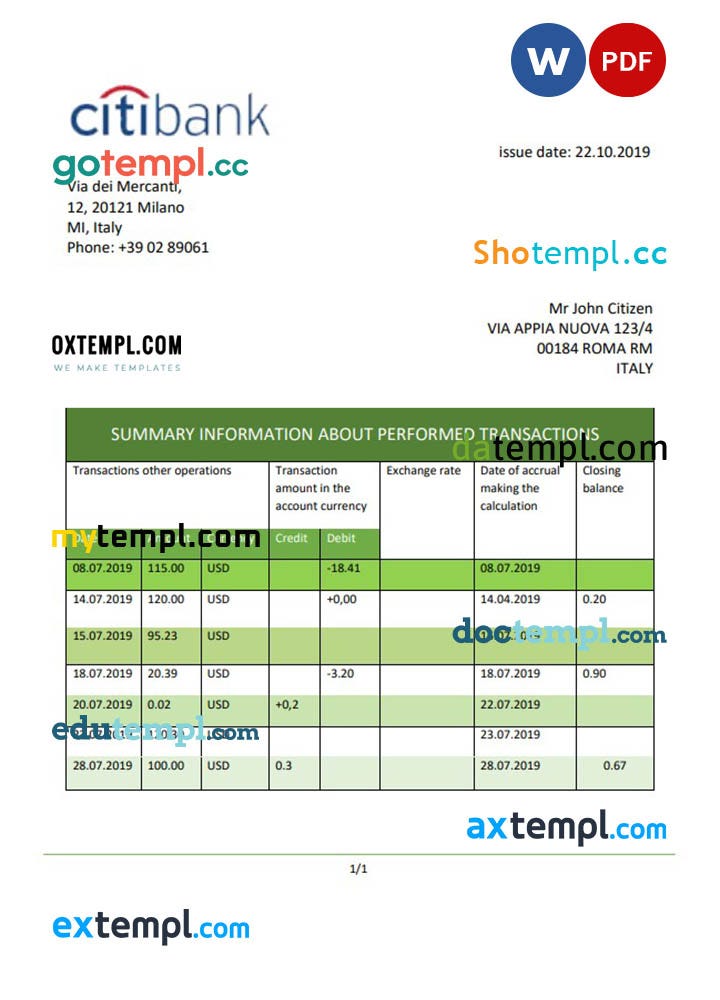 Italy Citibank statement template in .doc and .pdf format, fully