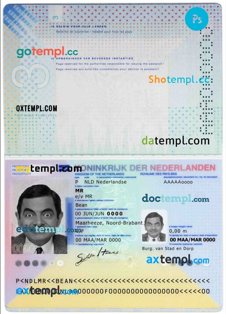 Netherlands passport template in PSD format, fully editable, with all