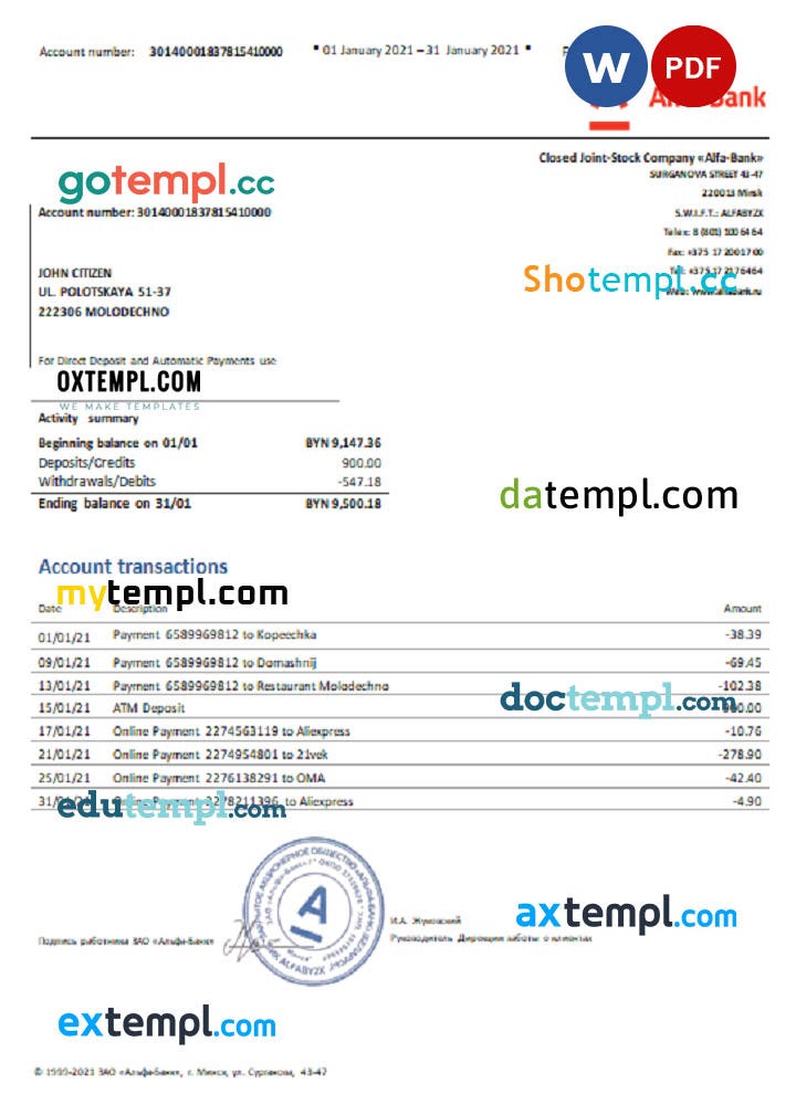 sample Belarus Alfa bank statement template in Word and PDF format sample Belarus Alfa bank statement template in Word and PDF format