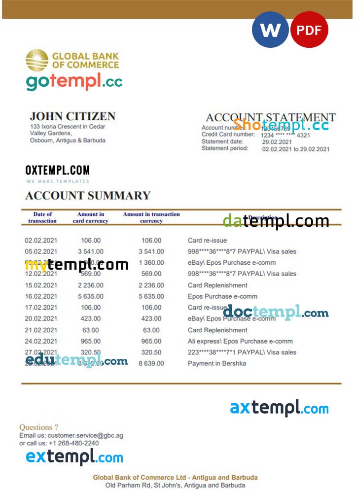 sample Antigua and Barbuda Global Bank of Commerce bank statement