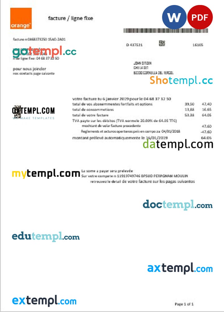 France Orange utility bill template in Word and PDF format by Shotempl.cc Medium