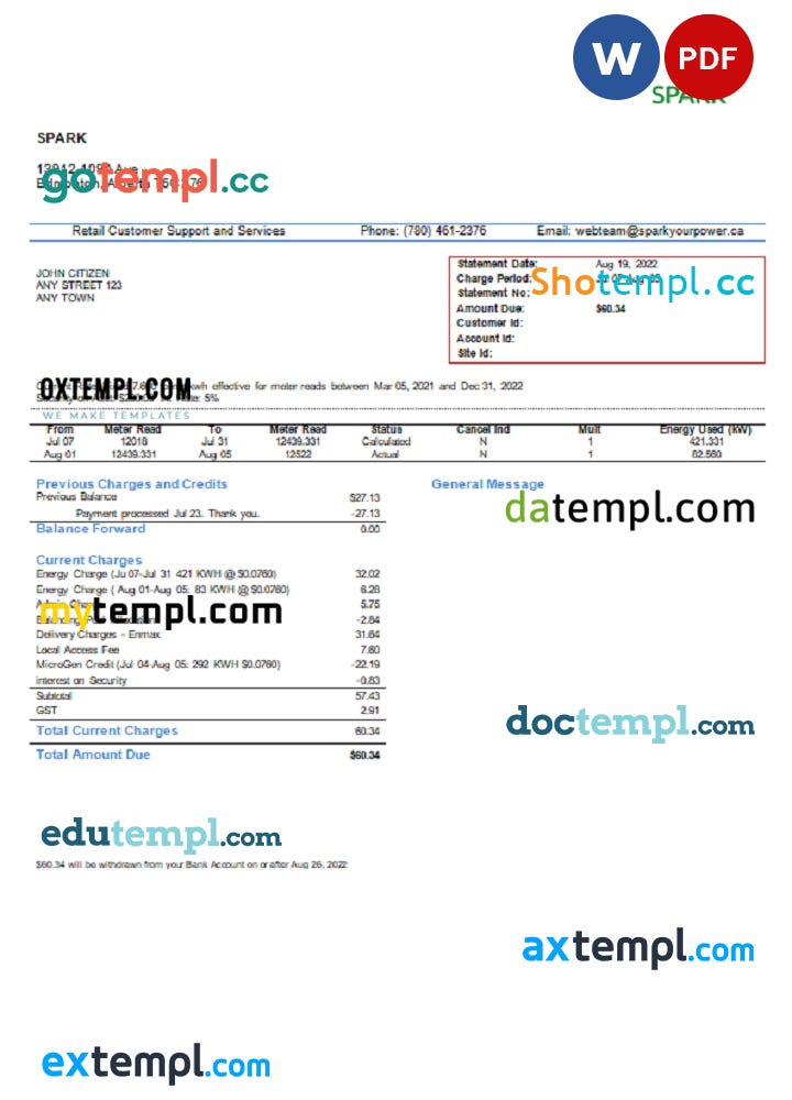 Canada Alberta Spark utility bill template in Word and PDF format | by ...