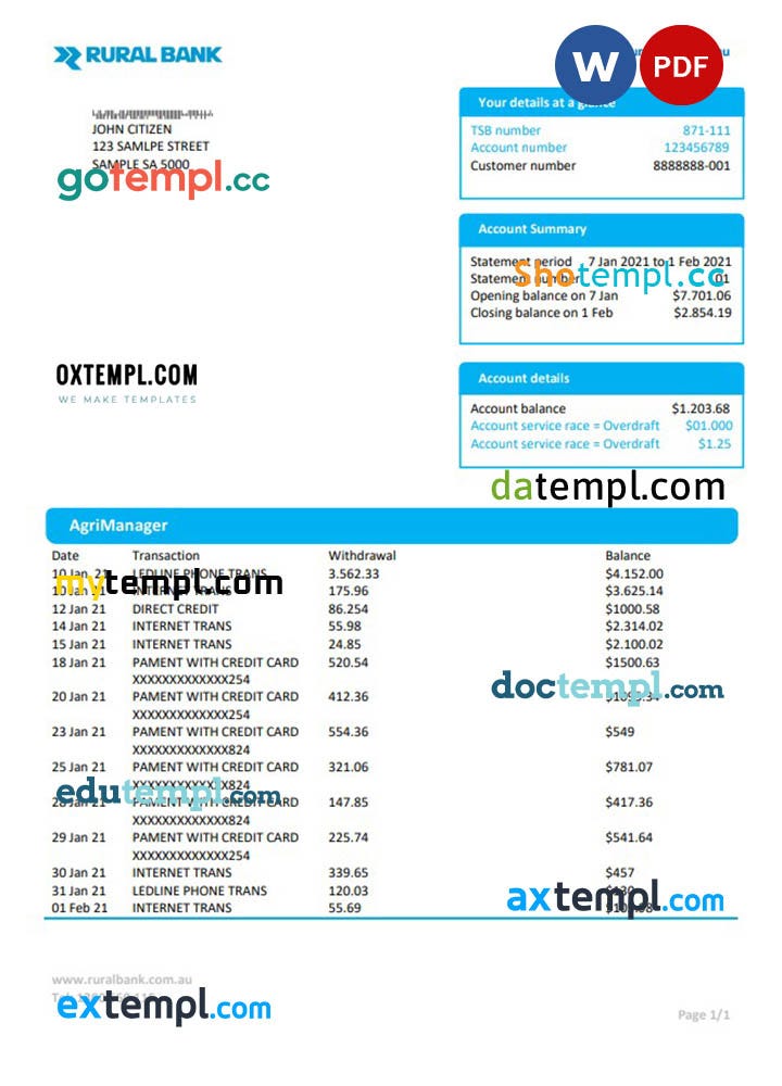 sample Australia Rural bank proof of address statement template in Word ...