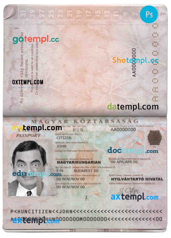 Hungary passport template in PSD format by Doctempl Medium