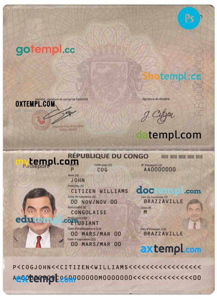 Congolese passport example in PSD format, 2014 — present