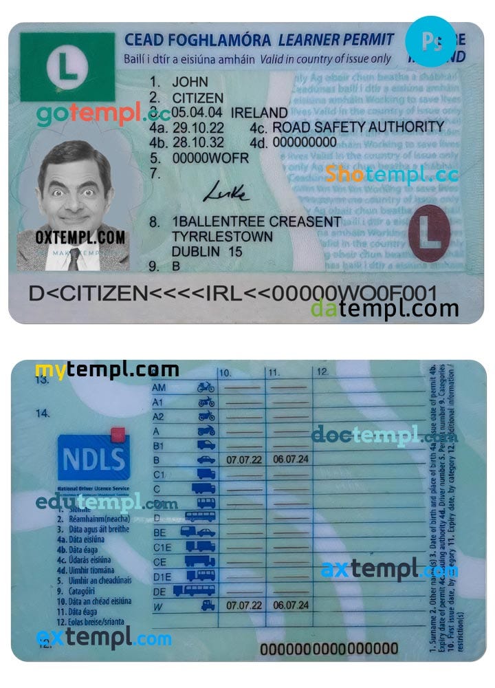 IRELAND Driving License learner Permit Template In PSD Format 2022 