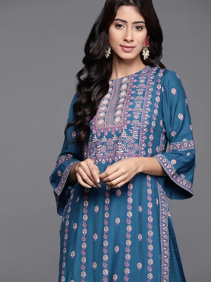 Women Teal & Off White Ethnic Motifs Striped Flared Sleeves Kurta main image 1