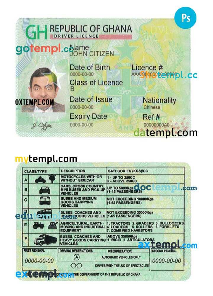 Ghana driving license template in PSD format, fully editable, with all