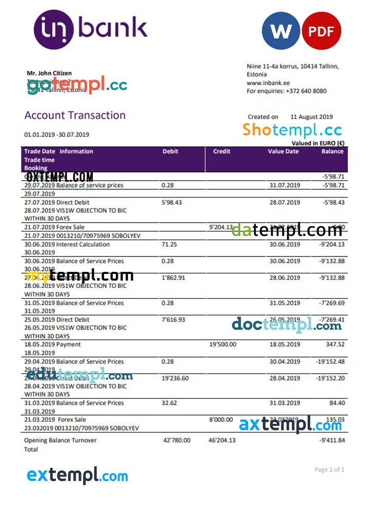 Estonia Inbank bank statement easy to fill template in Excel and PDF ...