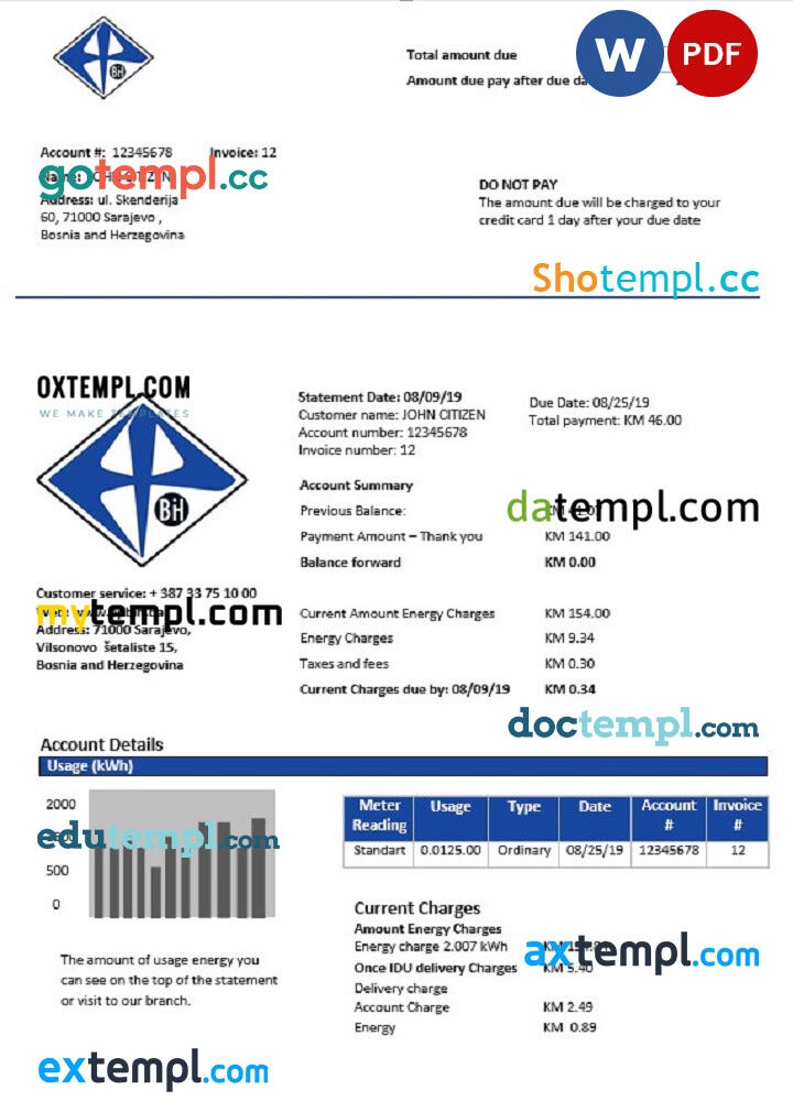 Bosnia and Herzegovina Elektroprivreda BiH electricity utility bill template in Word and PDF ...