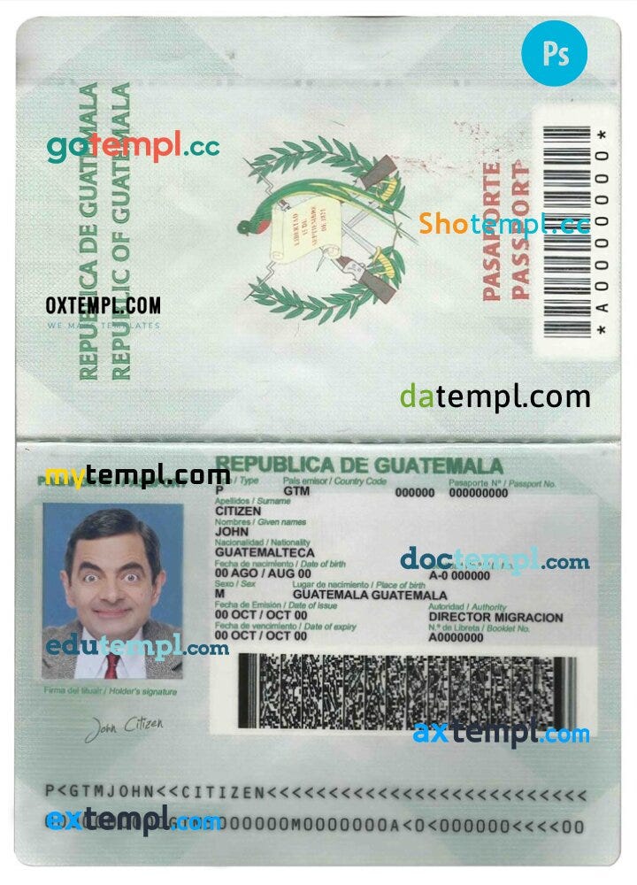 Guatemala passport template in PSD format, fully editable by Doctempl