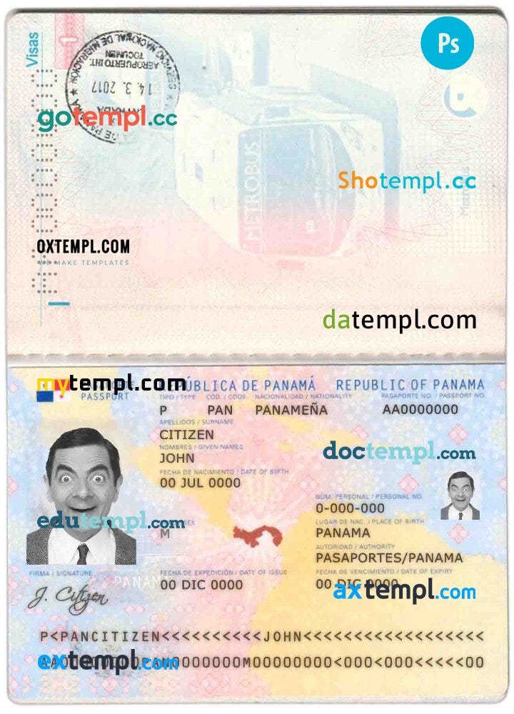 Panamanian passport example in PSD format by Intempl passports Sep