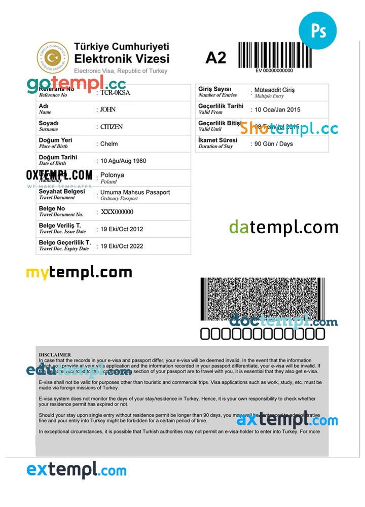 Turkey electronic travel visa PSD template, with fonts | by Doctempl ...