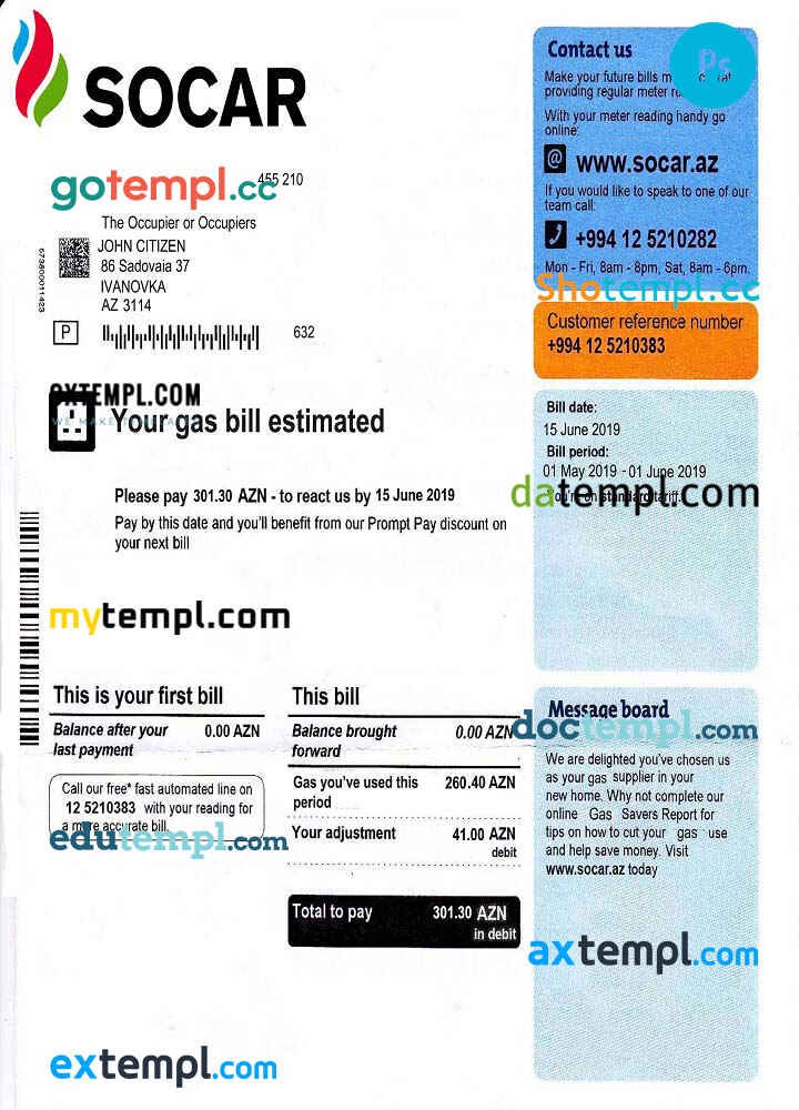 Azerbaijan Socar gas utility bill template, fully editable in PSD ...