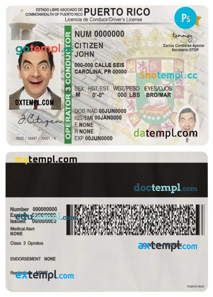 Puerto Rico driver’s permit template in PSD format, fully editable by Doctempl driving Medium