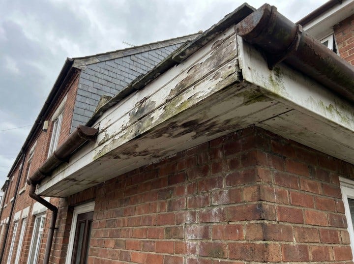 Old timber fascia and guttering in poor condition with peeling paint and rot, showing signs of…